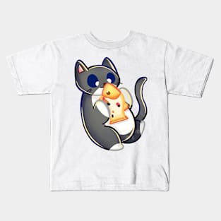 Black Tuxedo Cat Playing With Koi Fish Kids T-Shirt